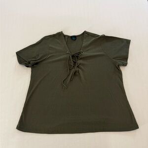 Rue+ Olive Green Ribbed Lace Up Short Sleeve Top Stretch Blouse - Size 1X